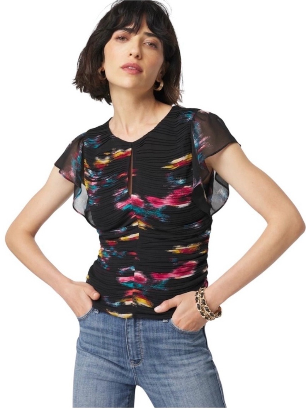 NWOT White House Black Market Multicolor Abstract Flutter Sleeve Blouse Size 0